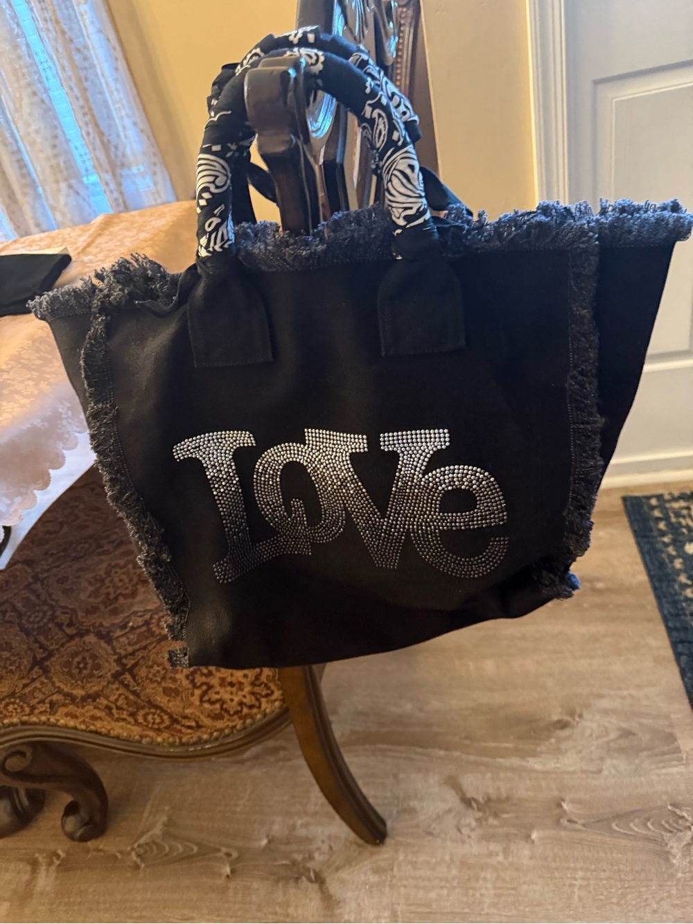Black HIP CHICK COUTURE!'Love' Rhinestone Tote Bag - Casual Canvas Handbag